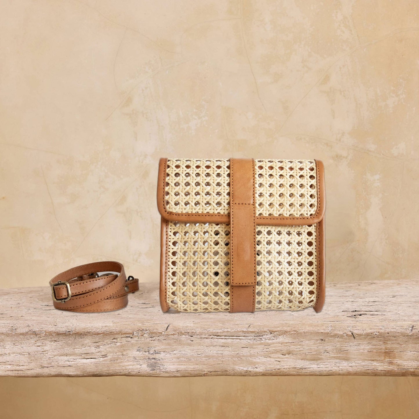 Brown Rattan Medium Clutch Leather Trim and Crossbody Strap